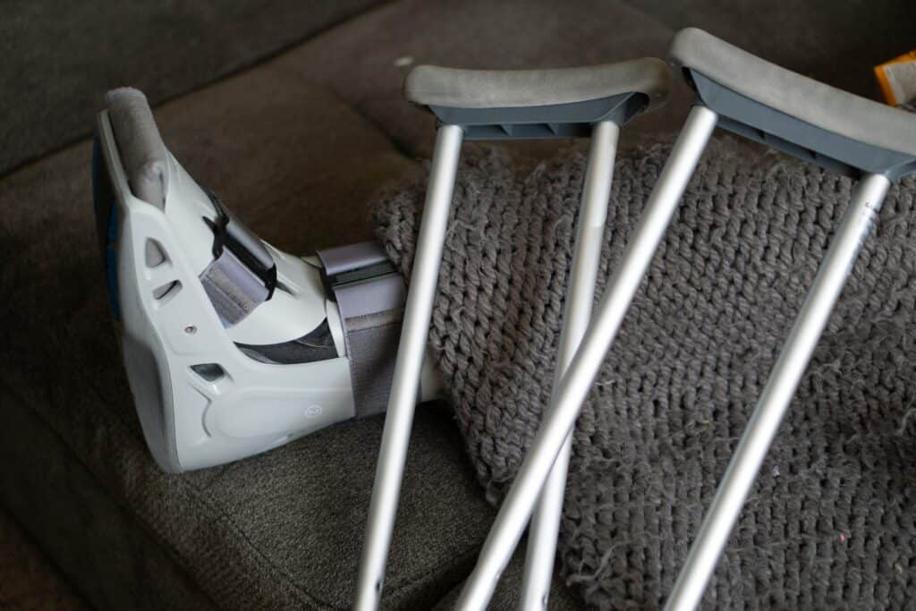 foot brace and crutches post-surgery